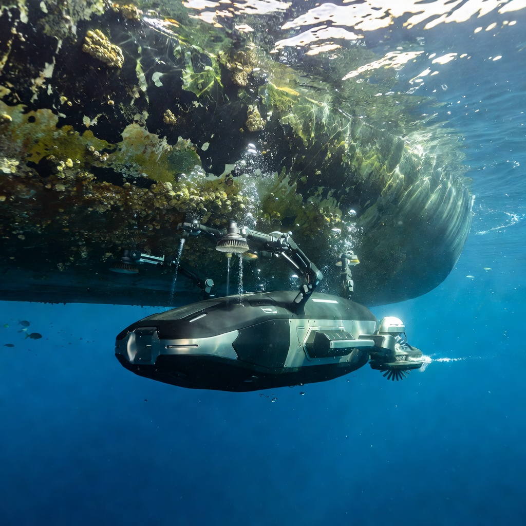 Autonomous underwater cleaning drone navigating beneath a boat hull in clear blue water