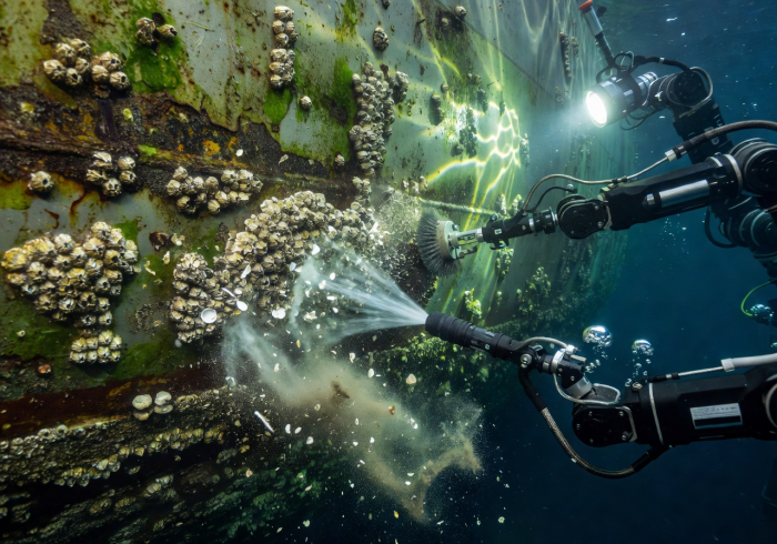 Close-up of a boat hull being cleaned underwater by autonomous robotic arms, showing the process of barnacle removal