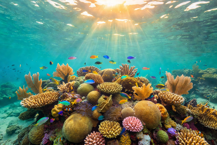 Crystal clear turquoise ocean water with sunlight filtering through, showing healthy coral reef ecosystem