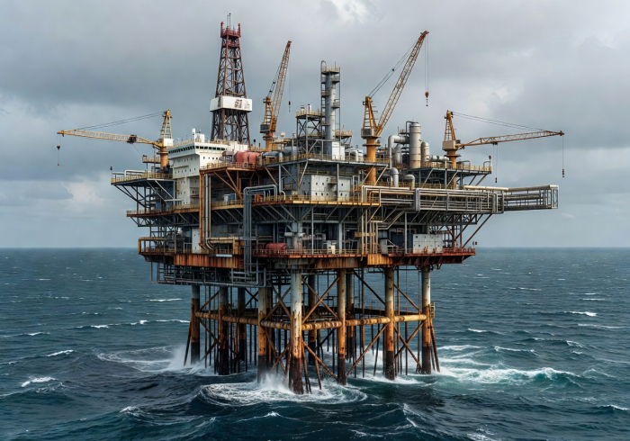 Large offshore marine platform and infrastructure standing above ocean waters, representing industrial marine structures