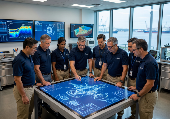 Team of marine engineers reviewing underwater drone blueprints in a modern research laboratory