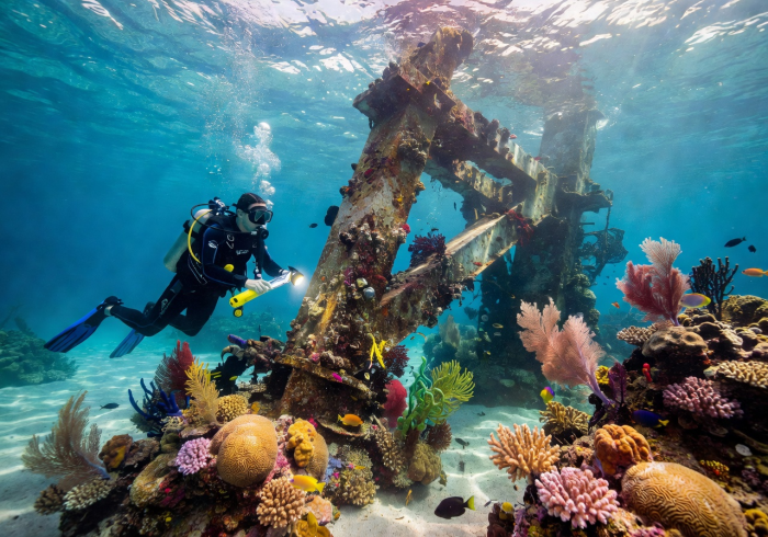 Underwater camera view showing inspection of marine structure with clear visibility and coral formations visible